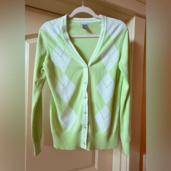 Izod Sweaters - Izod Women's Argyle Cardigan Sweater - Green and White